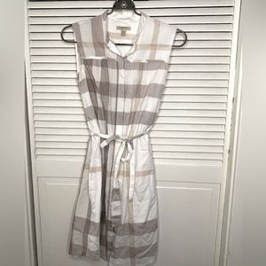 Burberry Brit Off White Checked Cotton Sleeveless Belted Shirt Dress